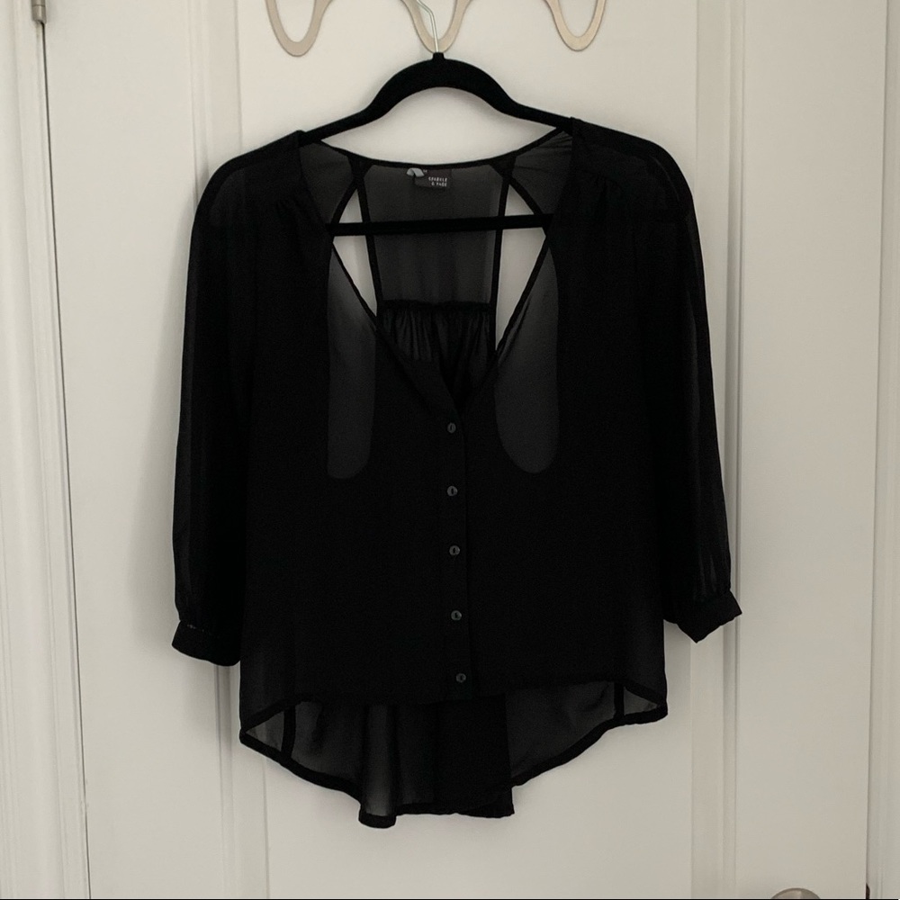 Sparkle & Fade Black Sheer Shoulder Blade Cut Out Top size Medium